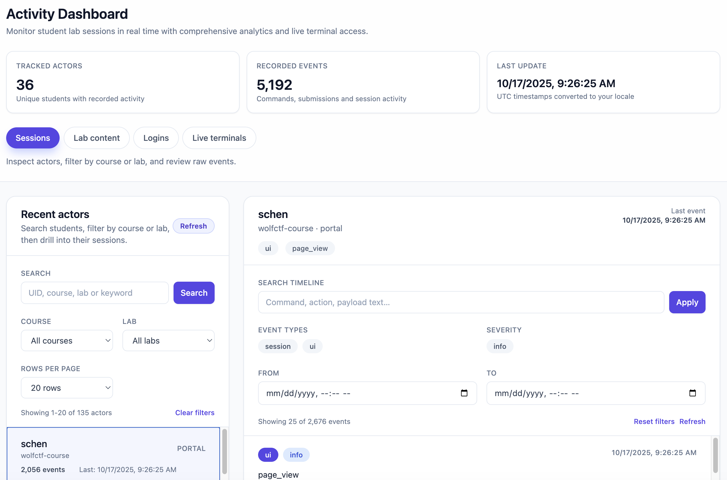 Activity Telemetry Dashboard - Monitor student lab sessions