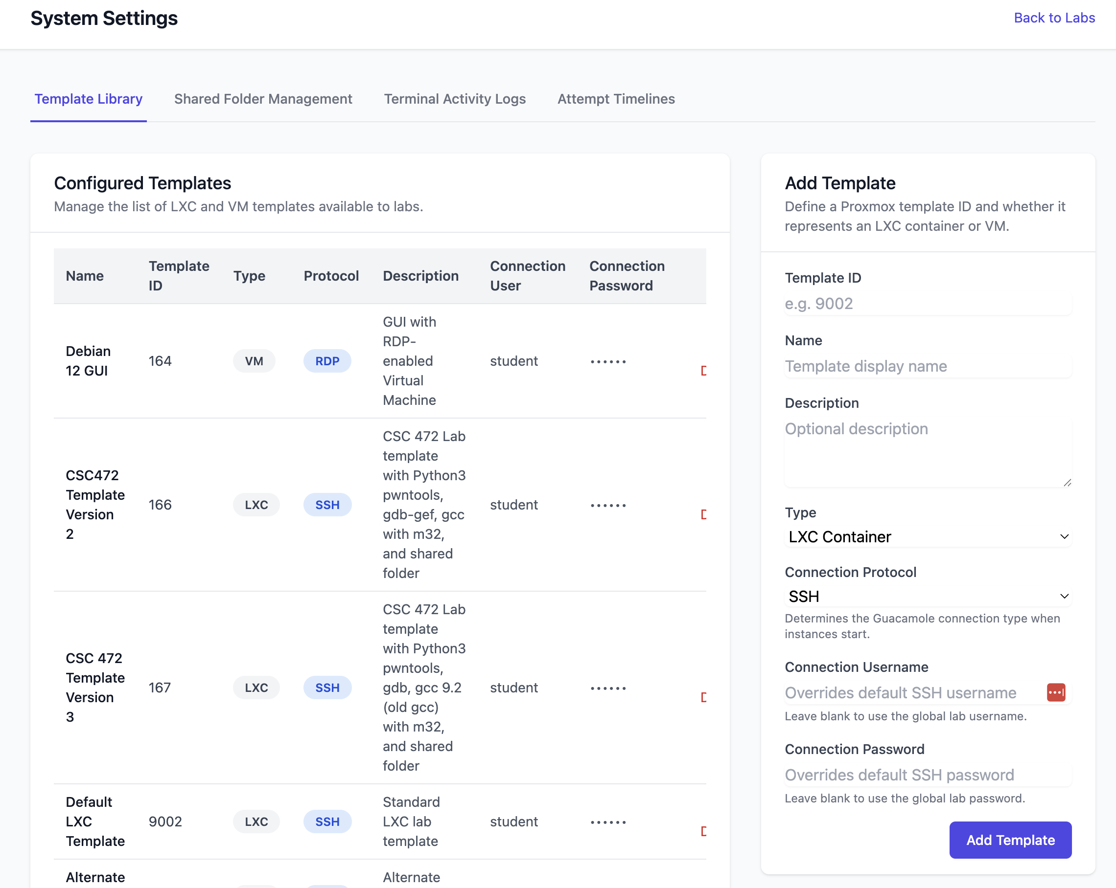 Template Management Interface - Configure LXC and VM templates